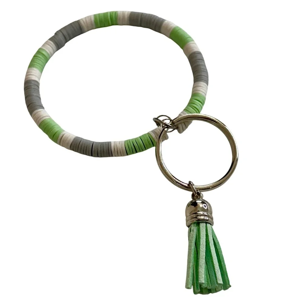 Handmade Silicone Bead Wristlet Keychain Green White Grey Tassel Bangle Ring